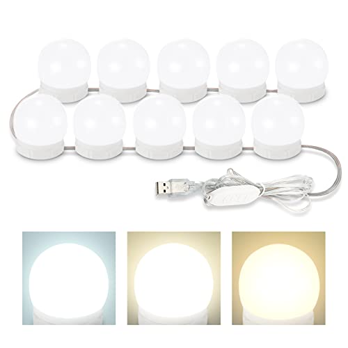 LED Vanity Lights For Mirror, Consciot Hollywood Style With 10 Dimmable Bulbs, Adjustable Color & Brightness, USB Cable, Stick on for Makeup Table Dressing Room Mirror