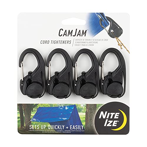Nite Ize CamJam Cord Tightener - Tie Down Rope Tightener with Carabiner Clip - Lightweight Utility Cord Tightener for Camping Accessories & Hiking Gear - 4 Pack