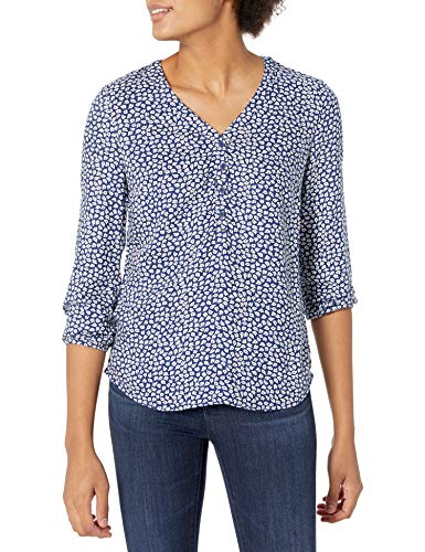 Amazon Essentials Women's 3/4 Sleeve Button Popover Shirt, Loose-Fit V-Neck Blouse, Navy White Petals, Medium