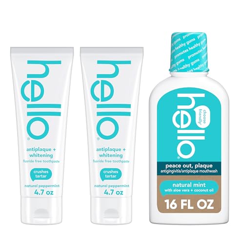 Hello Antiplaque and Whitening Fluoride Free Toothpaste and Peace Out Plaque Antigingivitis Mouthwash, Alcohol Free, Vegan, SLS Free and Gluten Free, 4.7 Ounce Tubes, 16 Ounce Bottle
