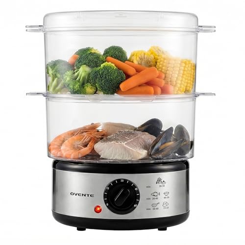 OVENTE 2 Tier Electric Food Steamer for Cooking Vegetables, Stainless Steel Base, Stackable and Dishwasher Safe Baskets, 400W with Auto Shutoff and 60-Minute Timer, 5 Quart Capacity, Silver FS62S