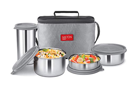 MILTON Delicious Lunch Box with Insulated Fabric Jacket, 3 Stainless Steel Containers 210 ml, 340 ml, 500 ml &Tumbler 380 ml, Leak-Proof Tiffin for