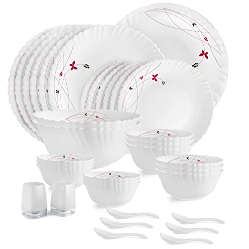 CELLO Lush Fiesta Dazzle Series Opalware Dinner Set of 35 Pieces for Family of 6 | Bone-Ash Free & Leadfree Opal Glass, Microwave & Dishwasher Safe, P