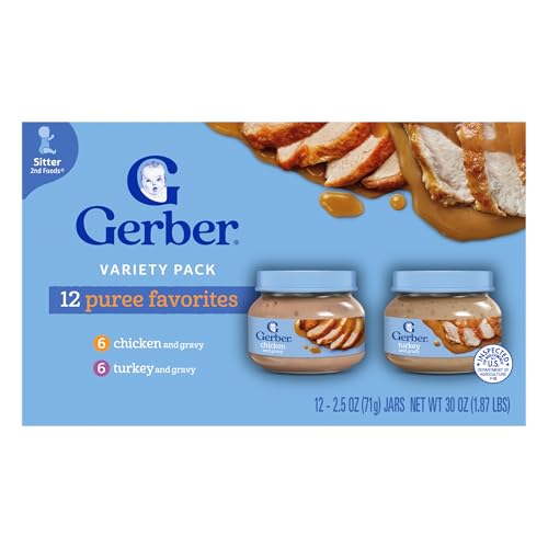 Gerber Stage 2 Baby Food, Chicken & Turkey Variety Pack Jars, Mealtime Poultry Puree, Baby Food Puree,12-Pack