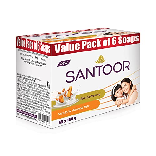 Santoor Skin Softening Sandal & Almond Milk Bathing Soap with Nourishing & Anti-Aging Properties| For Smooth & Soft and Younger-Looking Skin| For All 