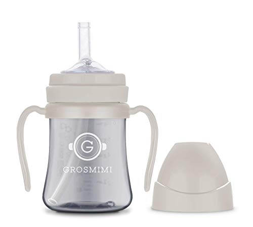 GROSMIMI Spill Proof no Spill Magic Sippy Cup with Straw with Handle for Baby and Toddlers, Customizable, PPSU, BPA Free 6 oz (Beige)