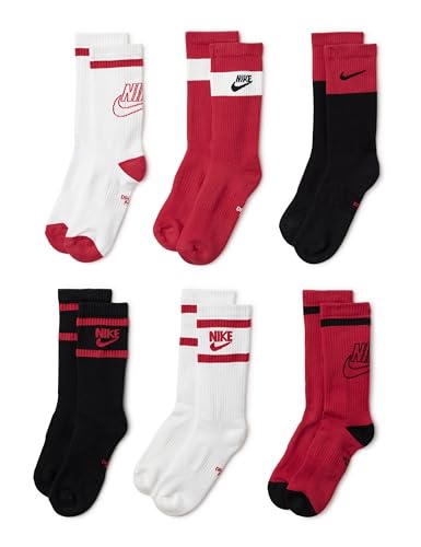 �️Nike Unisex Kids Everyday Cushioned Crew Socks (6 Pairs), White/Black/University Red, Medium