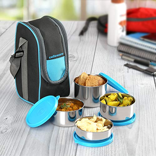 CELLO Steelox Set of 4 Pcs Lunch Box with Jacket For Office, Blue | 2 x 550ml, 375ml, 225ml Stainless Steel Containers |Food Grade Lightweight Leakpro