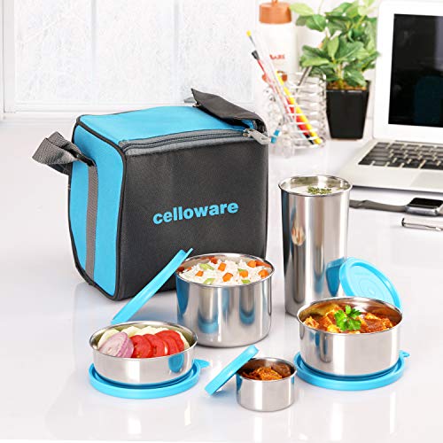CELLO Steelox Set of 5 Pcs Lunch Box with Jacket For Office, Blue | 550ml, 375ml, 225ml, 50ml Stainless Steel Containers & 375ml Tumbler |Lightweight 