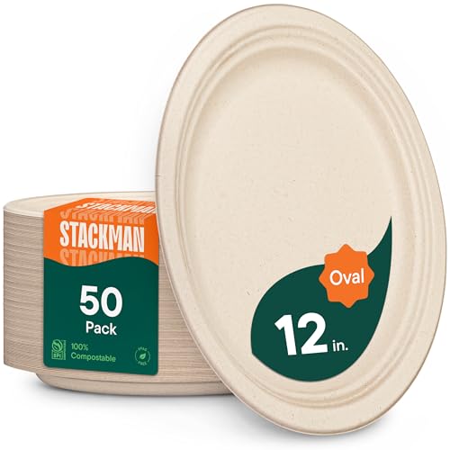 100% Compostable Oval Paper Plates [50-Pack] - {PFAS-Free} - {BPI Certified} - [12 Inch] Heavy Duty, Eco-Friendly, Biodegradable Bagasse Platters - Natural Brown 12" Oval Platter Plates by Stack Man