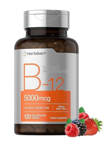 Horbäach B12 Vitamin 5000 mcg | 120 Fast Dissolve Tablets | Sublingual Methylcobalamin | Vegetarian, Non-GMO & Gluten Free Supplement