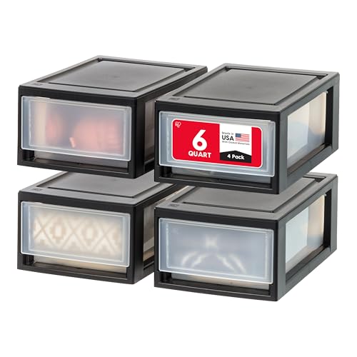 IRIS USA 6 Qt. Plastic Drawer Storage Organizer Stacking Drawers, 4-Pack, Stackable Unit with Sliding Drawer for Clothes Bedroom Kitchen Under Sink Pantry Craft Room Bathroom Dorm Office, Black