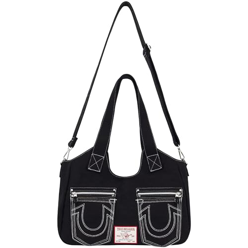 True Religion Women's Satchel Bag, Crossbody Purse Handbag with Horseshoe Logo Stitching, Black