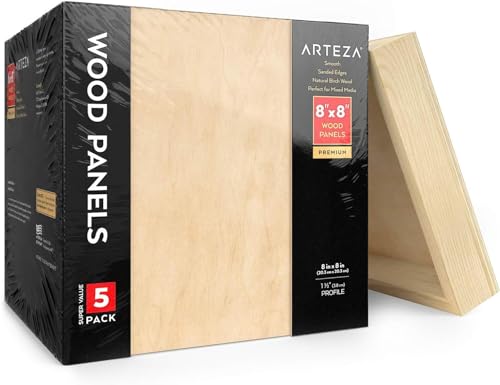 ARTEZA Wooden Canvas Board, 8x8 Inch, Pack of 5 | Cradled Birch Panels for Painting, Acrylic Pouring, Encaustic Art & Wood Burning