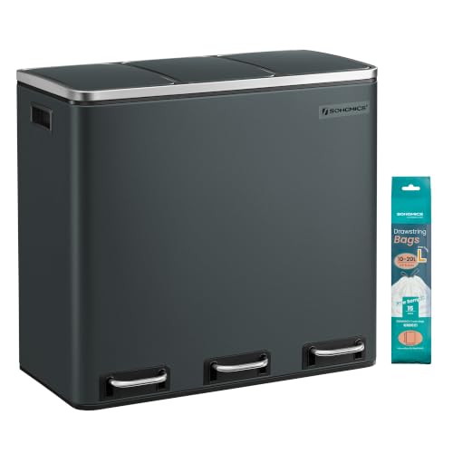 🔥 STARKER PREIS (-42%) SONGMICS Mülleimer Küche, 3 x 18 L, Mülltrennsystem 3 Fächer, inklusive 15 Müllbeutel, Abfalleimer, Treteimer, für recycelbare Abfälle, Biomüll, mit Deckel, grüngrau LTB54GS