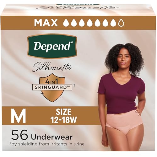 Depend Silhouette Adult Diapers, Incontinence & Postpartum Bladder Leak Underwear for Women, Maximum Absorbency, Medium, Pink, 56 Count (2 Packs of 28), Packaging May Vary