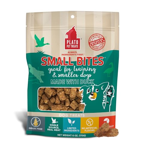 Plato Pet Treats Air Dried Small Bites Dog Treats, Natural Bite Sized Real Meat & Duck, Grain Free & High Protein, Made in the USA, 6oz