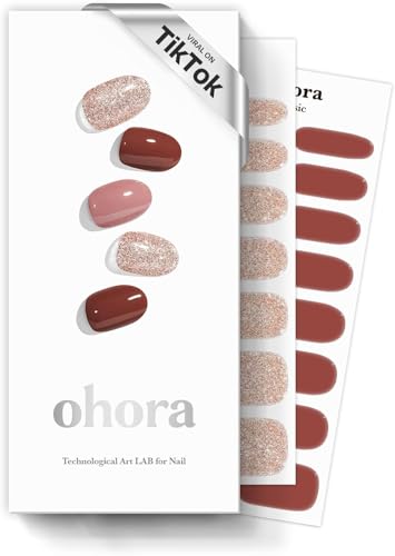 ohora Semi Cured Gel Nail Strips (N Heimish) - Brown, Glitter, Works with Any UV/LED Lamps, Salon-Quality, Long Lasting, Easy to Apply & Remove - Includes 2 Prep Pads, Nail File & Wooden Stick