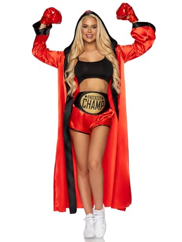 Leg Avenue Women's 5 Pc Knockout Champ Boxer Costume with Crop Top, Shorts, Satin Hooded Robe, Champion Belt, Boxing, Red, Small-Medium