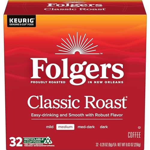 Folgers Classic Roast Coffee, Medium Roast, K Cup Pods for Keurig Coffee Makers, 32Count