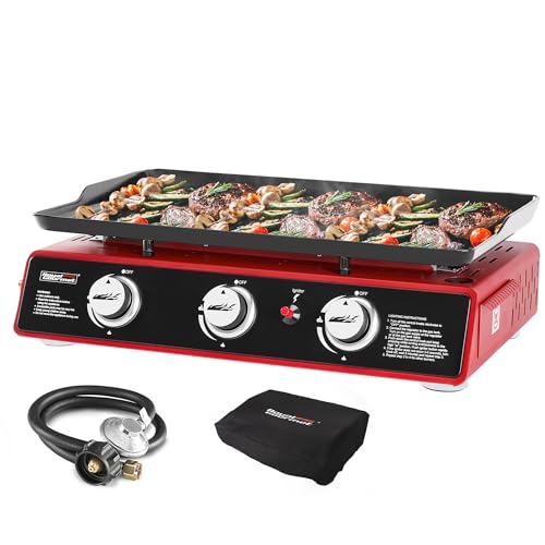 Royal Gourmet PD1301R 3 Burner Tabletop Propane Gas Griddle with Cover, 24 Inch Portable Griddle with 25,500 BTUs Output