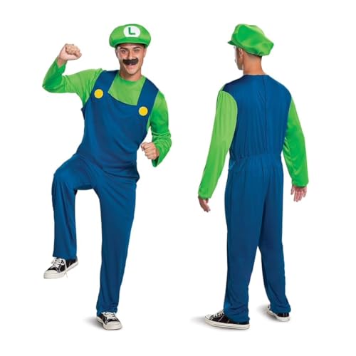 Luigi Costume, Official Nintendo Super Mario Bros Luigi Adult Costume with Hat and Mustache, Medium (38-40)
