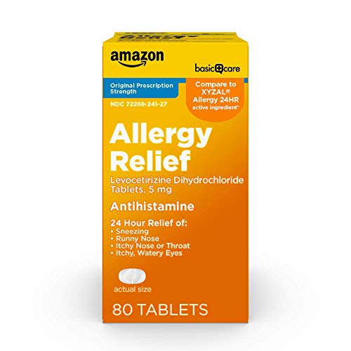 Amazon Basic Care 24 Hour Allergy Relief, Levocetirizine Dihydrochloride Tablets, 5 mg Antihistamine for Sneezing, Runny Nose, Itchy Nose or Throat and Itchy, Watery Eyes, 80 Count Pack