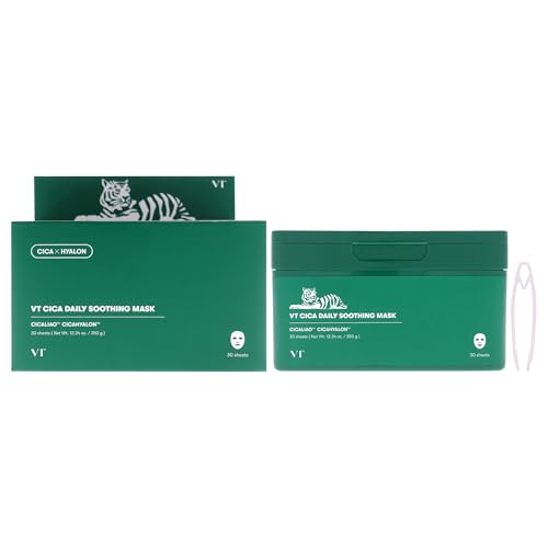 VT COSMETICS CICA Daily Soothing Mask 30 Sheets, Centella Asiatica & Hyaluronic Acid for Moisturizing & Hydrating, Instant Calm & Glow, Skin Softening Facial Mask, Korean Face Mask