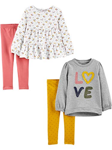 Simple Joys by Carter's Toddler Girls' 4-Piece Long-Sleeve Shirts and Pants Playwear Set, Grey Love/Pink/White Floral/Yellow Dots, 5T