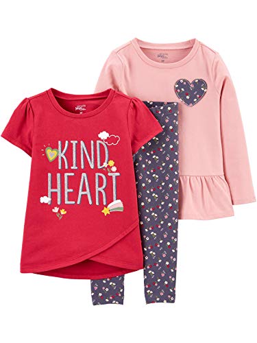 Simple Joys by Carter's Conjunto de 3 peças para bebês meninas, Estampa floral cinza escuro/corações rosa/vermelho, 12 M...