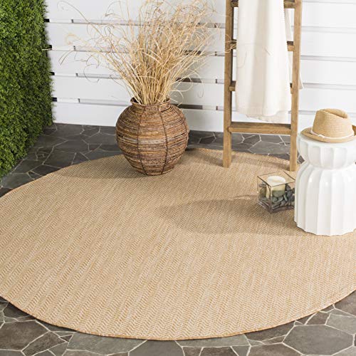 SAFAVIEH Washable Rug Outdoor Courtyard Collection - 4' Round, Natural & Cream, Non-Shedding & Easy Cleaning, Ideal for Patio, Backyard, Mudroom (CY8022-03012)