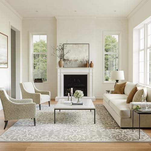 Nourison Home Jubilant Floral Ivory/Grey 7' x 10' Area-Rug, Easy-Cleaning, Non Shedding, Bed Room, Living Room, Dining Room, Kitchen (7x10)