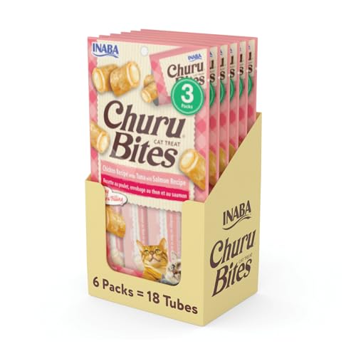 INABA Churu Bites for Cats, Soft/Chewy Baked Chicken Wrapped Churu Filled Cat Treats with Vitamin E, 0.35 Ounces per Tube, 18 Tubes Total (3 Tubes per Pack), Tuna with Salmon Recipe