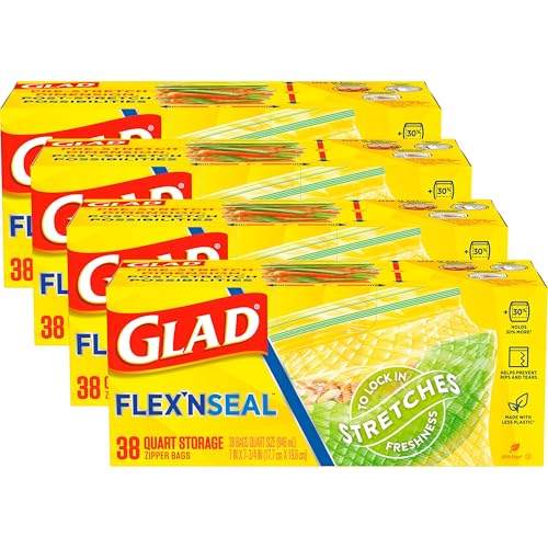 Glad Flex'N Seal Food Storage Plastic Bags, Quart, 38 Count, Pack of 4