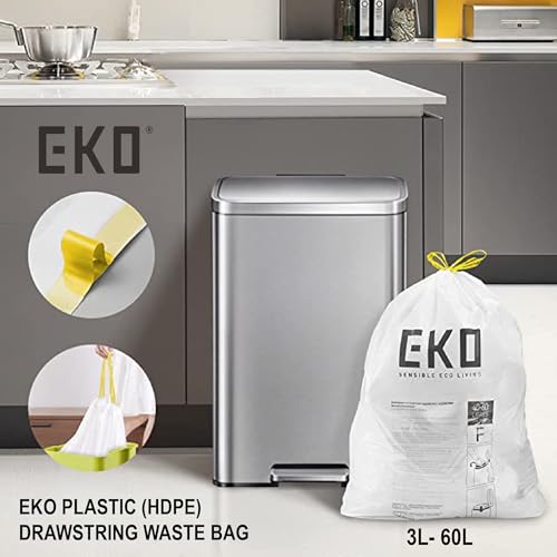 EKO Size F Bin Liners For Kitchen Bins - 40-60 Litre Capacity - Extra Strong Bags with Drawstring Tie Handles - 12 Bags,White