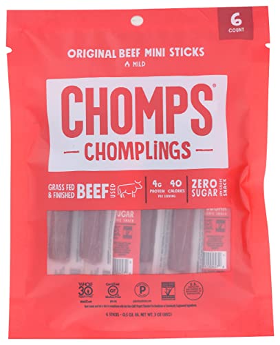 CHOMPS MINI Grass Fed Beef Jerky Meat Snack Sticks 0.5 Oz, Original Beef (Pack of 6)