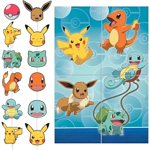 Pokemon Multicolor Selfie Scene - 59" x 65" Backdrop with Props - Pack of 16 - Fun & Interactive Design - Ultimate Party Fun for Pokemon Fans
