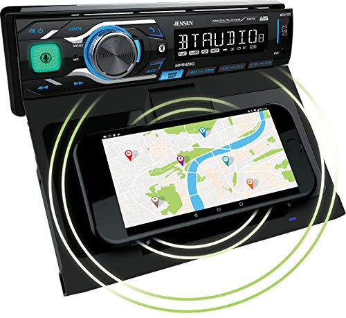 Jensen MPR419Q Single DIN Car Stereo Wireless Charger stereo with Bluetooth connectivity and a