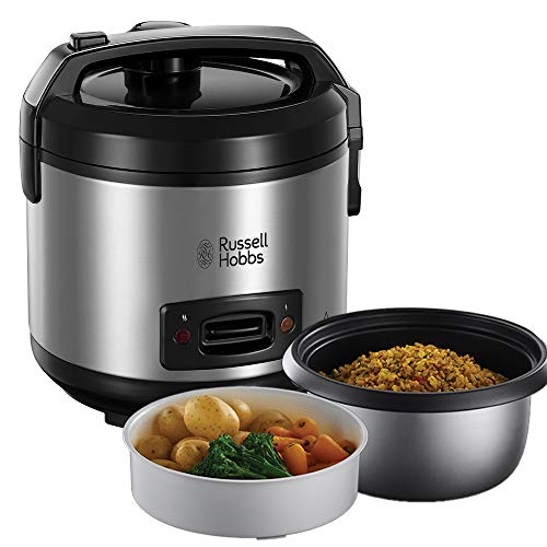 (-28%) Russell Hobbs Reiskocher 1,2l inkl. Dampfgarer -Einsatz mit Aroma-Klappdeckel (Warmhaltefunktion, antihaftbeschichteter Gartopf, Reislöffel & Messbecher, Edelstahl) 27080-56