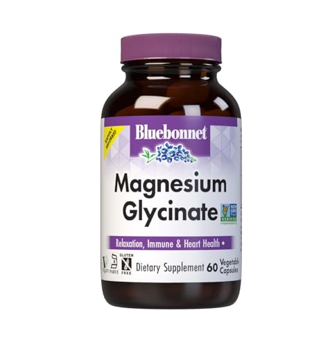 Bluebonnet Magnesium Glycinate, Energy Production*, Enzyme Function*, Non-GMO Certified by NSF, Vegan, Kosher Certified, Gluten-Free, Soy-Free, Dairy-Free, 60 Vegetable Capsules, 15 Servings