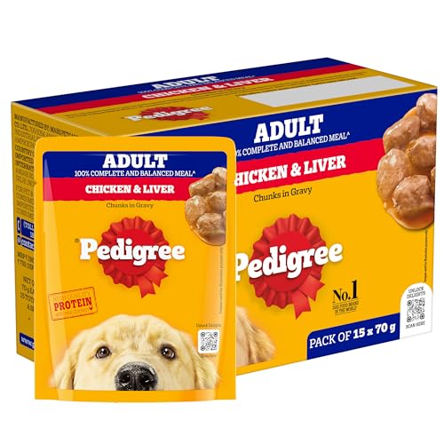 Pedigree Adult Wet Dog Food, Chicken & Liver Chunks in Gravy, 70 g (Pack of 15), Complete & Balanced Meal for Adult Dogs
Pedigree Adult Wet Dog Food, 