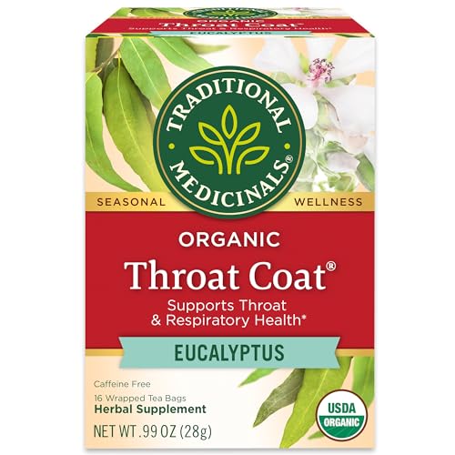 Traditional Medicinals Organic, Throat Coat Tea, Eucalyptus & Slippery Elm - Supports Respiratory and Throat Health - Kosher, Non-GMO, Caffeine-Free, Compostable - 16 Tea Bags