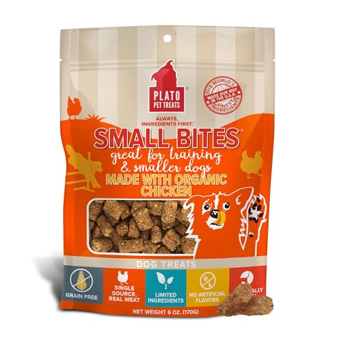 PLATO Small Bites Natural Training Dog Treats - Real Meat - Grain Free - Made in the USA - Organic Chicken Flavor, 6 ounces