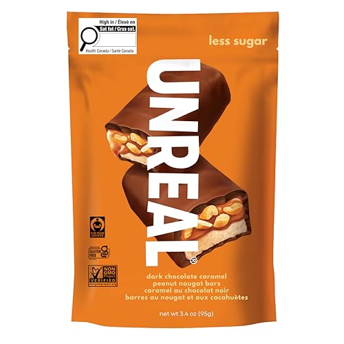 UNREAL Dark Chocolate Caramel Peanut Nougat Bars (1 Bag), 70% Organic Ingredients, Fair Trade, Non-GMO, No Corn Syrup, Sugar Alcohols, Soy, 3.4oz