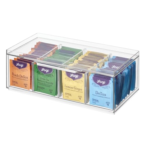 iDesign Crisp BPA-Free Plastic Stackable Tea Bag Organizer for Kitchen Cabinets and Countertops - 12.59" x 6.23" x 4.57", Clear with Gray Dividers