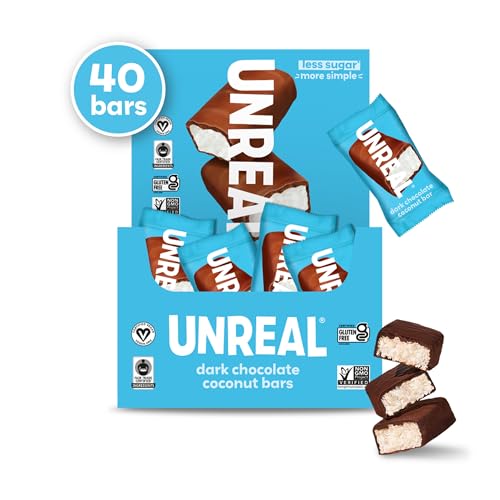 UNREAL Dark Chocolate Coconut Bars (40 Mini Bars) | Vegan, 3g Sugar, & 3 Simple Ingredients | Non-GMO, Gluten Free, & Fair Trade | .53oz each