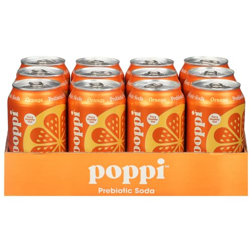 Poppi Sparkling Prebiotic Soda Beverage with Apple Cider Vinegar, Seltzer Water and Fruit Juice, Orange Flavor, 12 oz, Pack of 12, Packaging May Vary