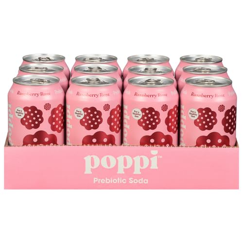 Poppi Sparkling Prebiotic Soda Beverage with Apple Cider Vinegar, Seltzer Water and Fruit Juice, Raspberry Rose Flavor, 12 oz, Pack of 12, Packaging May Vary