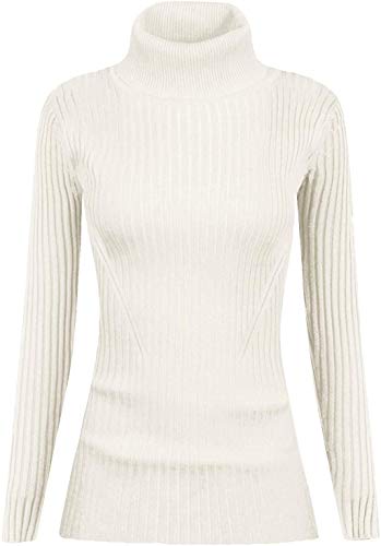 v28 Women Stretchable Turtleneck Knit Long Sleeve Slim Fit Sweater (L, White)