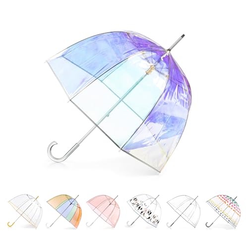 totes Adults and Kids Clear Bubble Umbrella with Dome Canopy, Lightweight Design, Wind and Rain Protection Umbrella, Iridescent, Adults - 51" Canopy